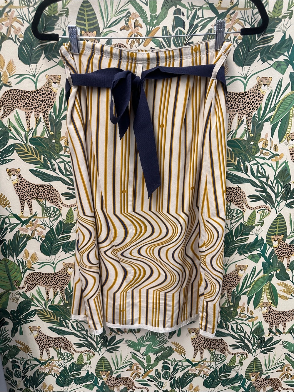 Tory Burch Striped Midi Skirt with Navy Tie Waist